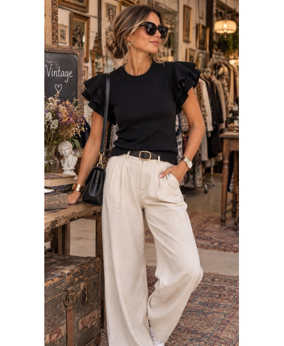 Top de Punto Fino negro con Mangas de Volantes
