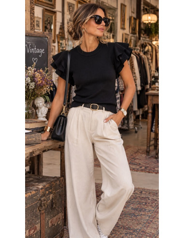 Top de Punto Fino negro con Mangas de Volantes