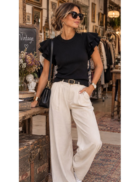 Top de Punto Fino negro con Mangas de Volantes