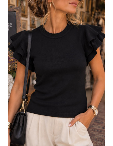 Top de Punto Fino negro con Mangas de Volantes