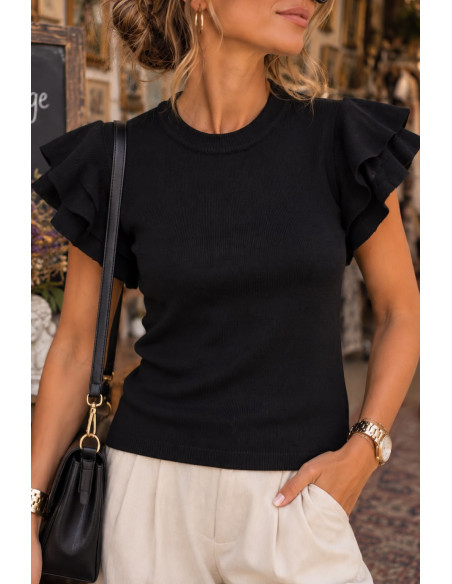 Top de Punto Fino negro con Mangas de Volantes