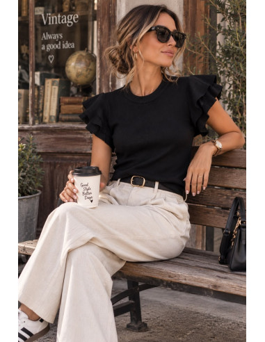 Top de Punto Fino negro con Mangas de Volantes