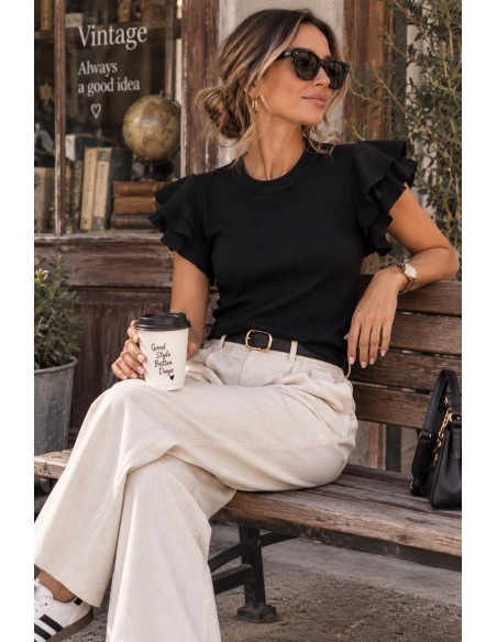 Top de Punto Fino negro con Mangas de Volantes