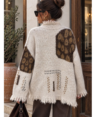 🧶 Chaqueta de Punto Combinada con Flecos y Estampados 🤎✨ 2