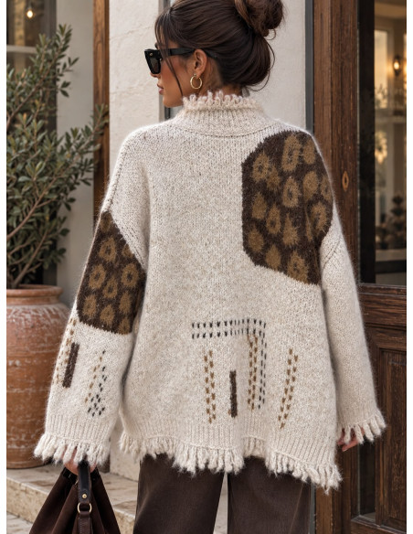 🧶 Chaqueta de Punto Combinada con Flecos y Estampados 🤎✨