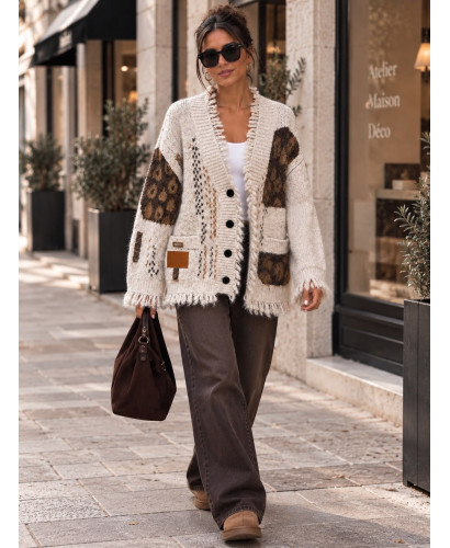 🧶 Chaqueta de Punto Combinada con Flecos y Estampados 🤎✨
