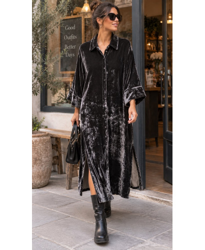 Vestido camisero de terciopelo con aberturas laterales gris 2