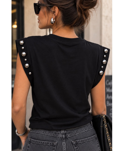 🖤 Camiseta Negra con Tachuelas Desiguales en los Hombros 2