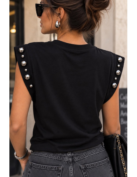 🖤 Camiseta Negra con Tachuelas Desiguales en los Hombros