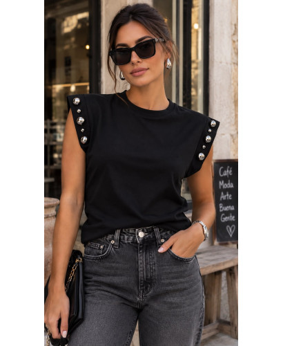 🖤 Camiseta Negra con Tachuelas Desiguales en los Hombros