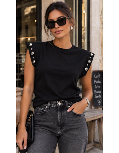 🖤 Camiseta Negra con Tachuelas Desiguales en...