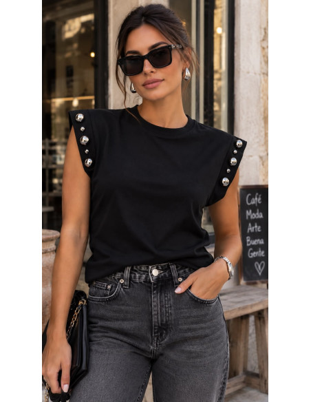 🖤 Camiseta Negra con Tachuelas Desiguales en los Hombros