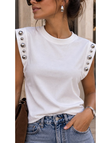 Camiseta blanca con Tachuelas Desiguales en los...