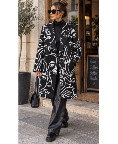 👥 Abrigo Cruzado con Estampado de Caras: Estilo y... 2