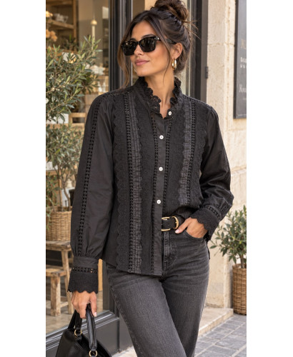 🖤 Camisa Negra con Detalles de Guipur y Microplisado -...