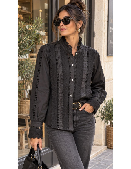 🖤 Camisa Negra con Detalles de Guipur y Microplisado - Elegancia y Estilo Único ✨