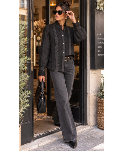🖤 Camisa Negra con Detalles de Guipur y Microplisado -... 2