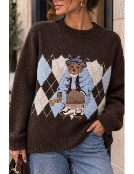 🧸 Suéter Chocolate con Rombo Azul y Osito