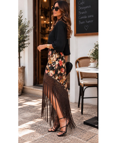Falda Savannah Floral con Flecos chocolate 2