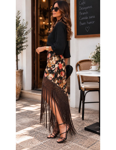 Falda Savannah Floral con Flecos chocolate