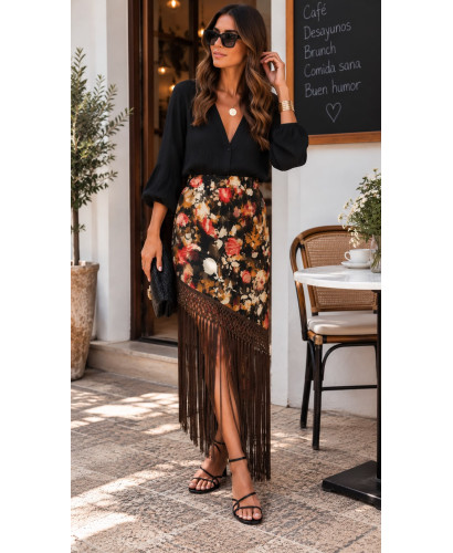 Falda Savannah Floral con Flecos chocolate