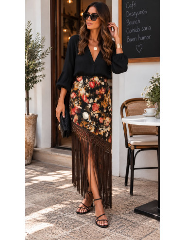 Falda Savannah Floral con Flecos chocolate
