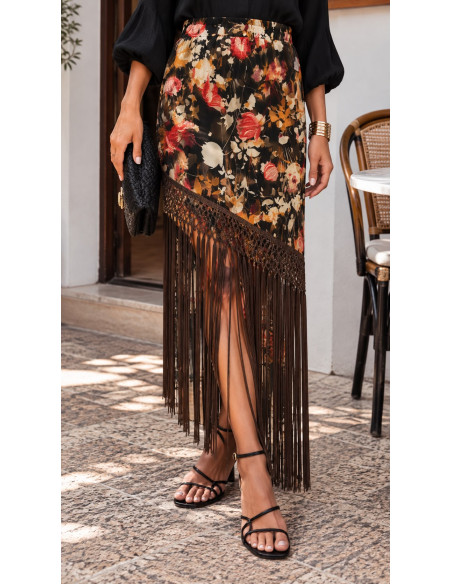Falda Savannah Floral con Flecos chocolate