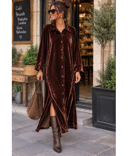 Vestido camisero de terciopelo marrón–teja con doble...