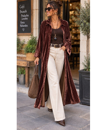 Vestido camisero de terciopelo marrón–teja con doble... 2