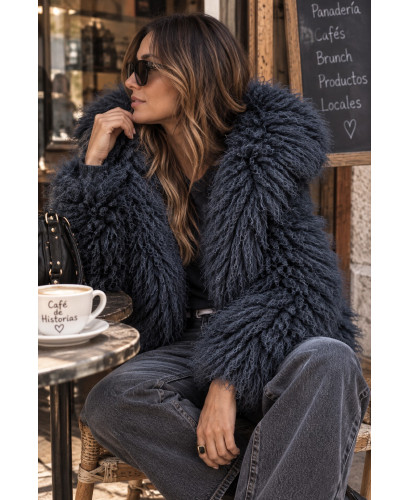 🧥✨ Abrigo de Pelo Azul Oscuro con Capucha