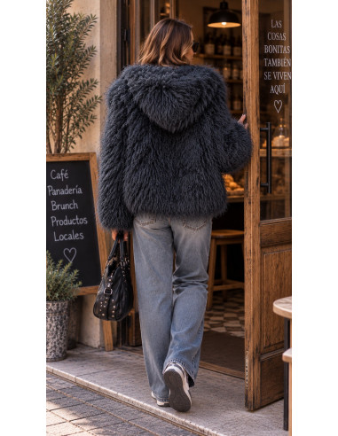 🧥✨ Abrigo de Pelo Azul Oscuro con Capucha