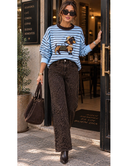 🐶✨ Suéter Celeste de Rayas con Perrito y Cristales