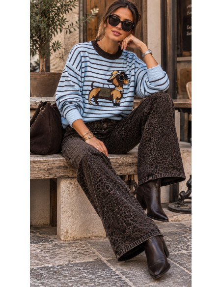 🐶✨ Suéter Celeste de Rayas con Perrito y Cristales