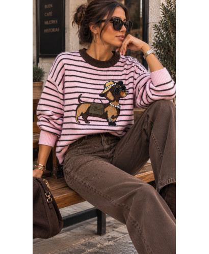 🐶✨ Suéter rosa de Rayas con Perrito y Cristales