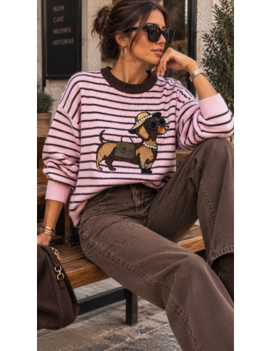 🐶✨ Suéter rosa de Rayas con Perrito y Cristales
