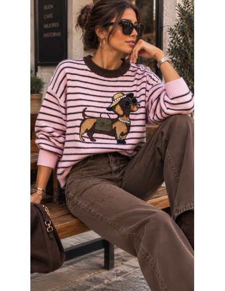 🐶✨ Suéter rosa de Rayas con Perrito y Cristales