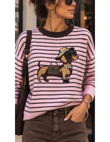 🐶✨ Suéter rosa de Rayas con Perrito y Cristales