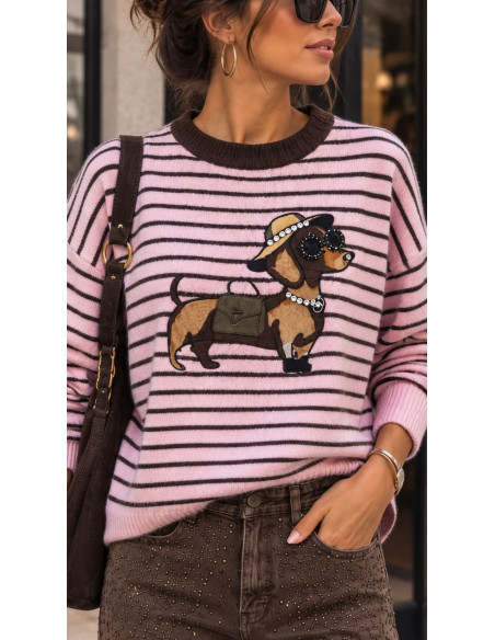 🐶✨ Suéter rosa de Rayas con Perrito y Cristales