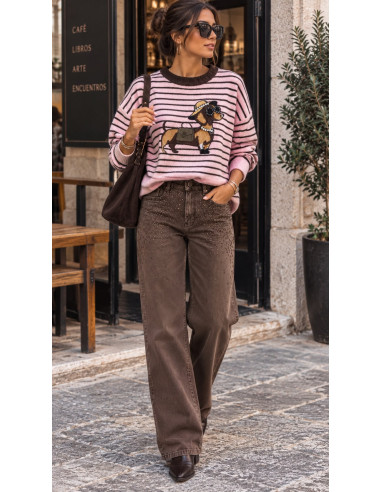🐶✨ Suéter rosa de Rayas con Perrito y Cristales