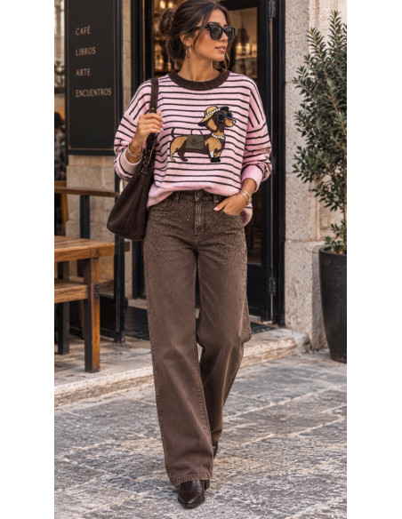 🐶✨ Suéter rosa de Rayas con Perrito y Cristales