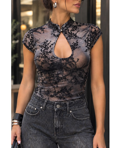 🖤 Top de Tul Negro con Estampado de Terciopelo