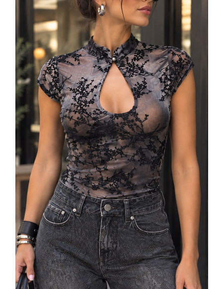 🖤 Top de Tul Negro con Estampado de Terciopelo