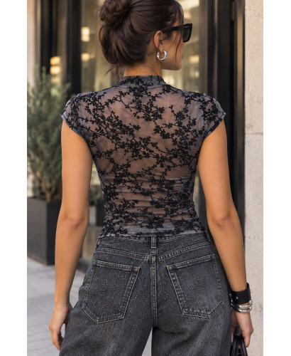 🖤 Top de Tul Negro con Estampado de Terciopelo 2