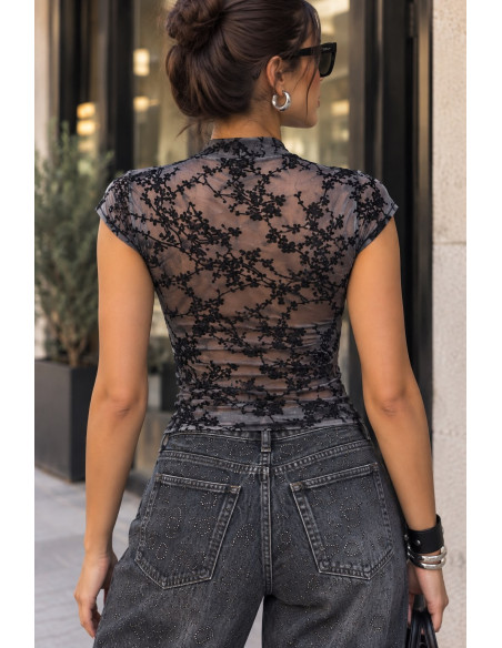 🖤 Top de Tul Negro con Estampado de Terciopelo