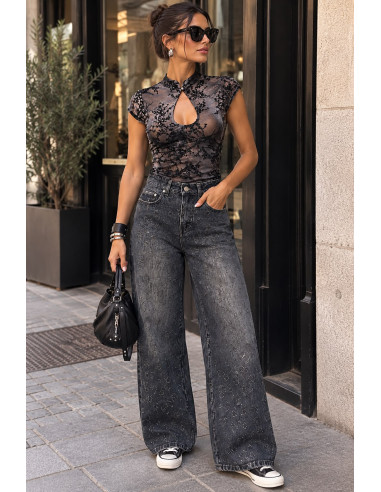 🖤 Top de Tul Negro con Estampado de Terciopelo