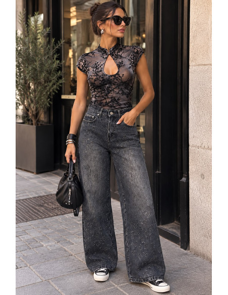 🖤 Top de Tul Negro con Estampado de Terciopelo