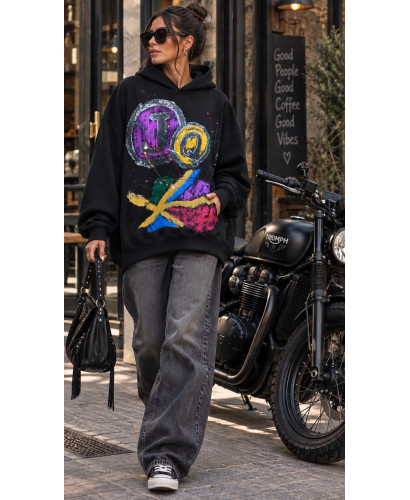 🖤 Sudadera Negra con Capucha y Estampado Artístico