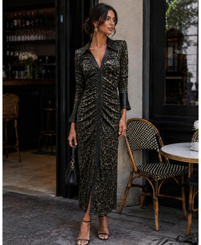 Vestido Largo Animal Print Drapeado Efecto Piel