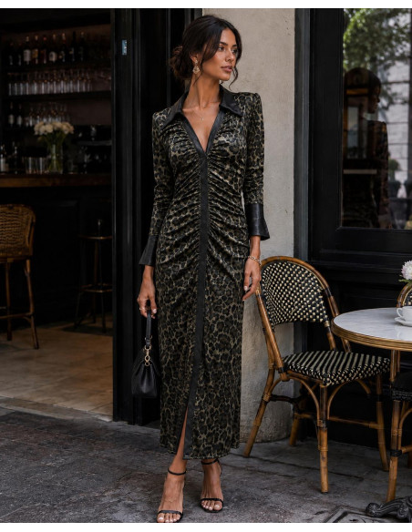 Vestido Largo Animal Print Drapeado Efecto Piel