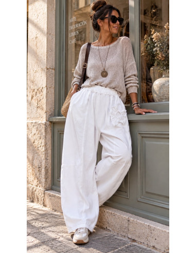 Pantalón Flor Blanco de Pata Globo